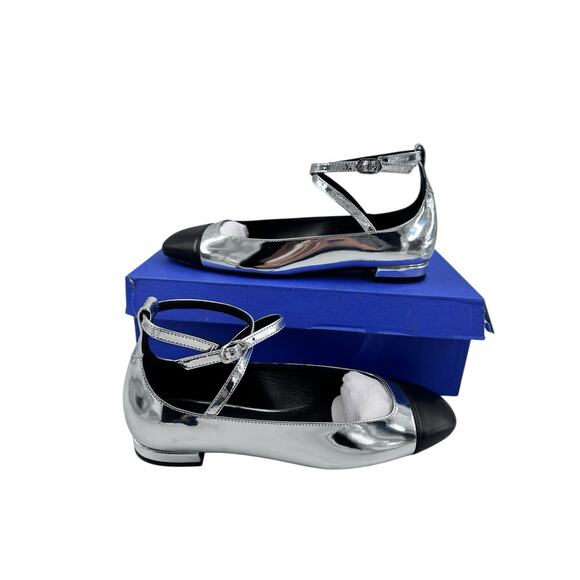 STUART WEITZMAN Silver & Black Cap Toe Leather Eden Cross-Strap Ballet Flats 7.5 - Picture 9 of 16